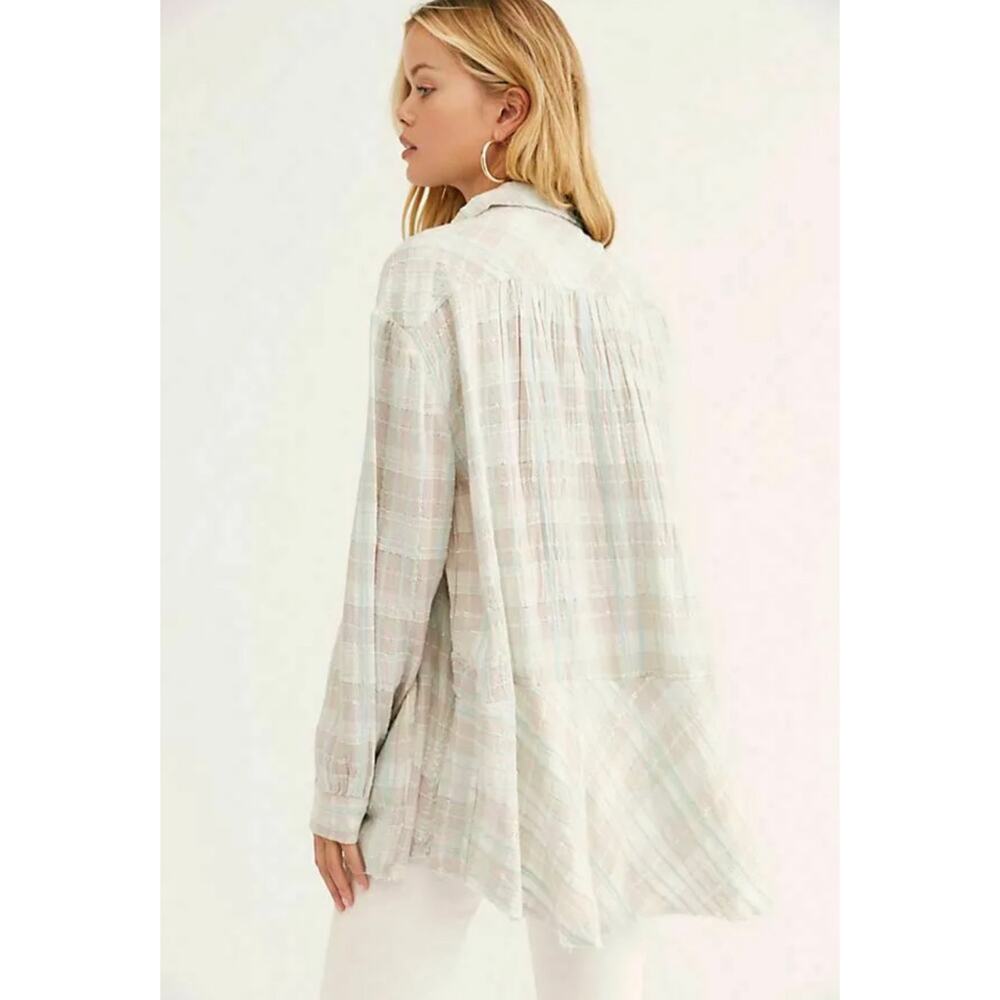 Free People Women's Lela Tunic Top - Plaid Button Metallic Oversized Shirt XS